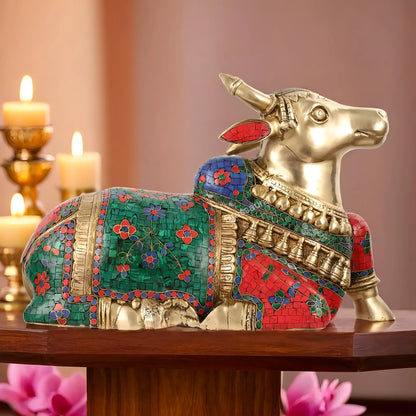Brassaura™ Brass Nandi Idol with Stonework – Height 13.5 Inches & Weight 20 Kgs | Traditional Temple Decor