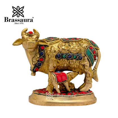 Brass Gem Stone Work kaamdhenu Cow Idol for Home and Decor Weight 1 Kg Height 10 cm