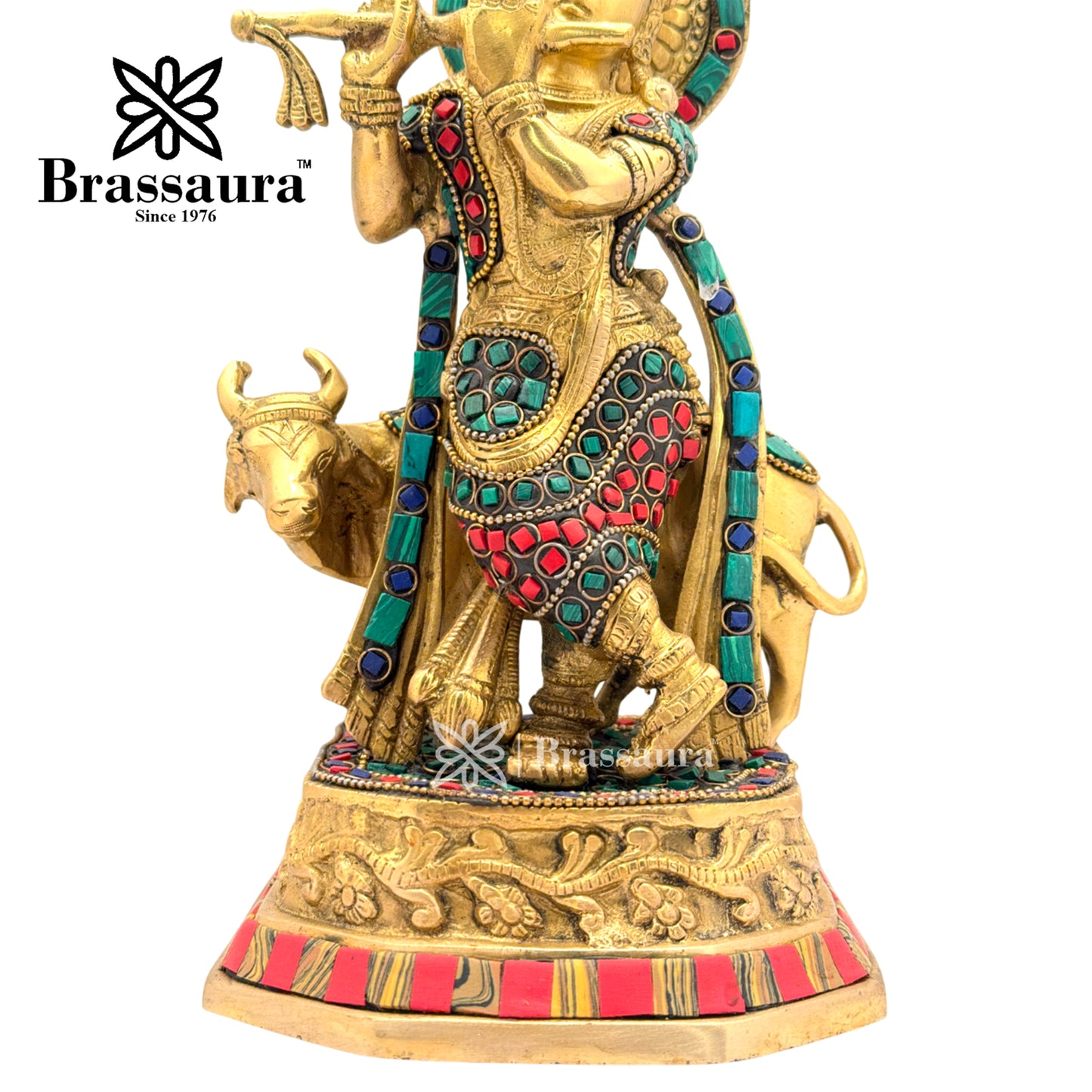 Brass Gem Stone Work Cow with Krishna Idol for Home and Decor Weight 3 Kg Height 25 cm