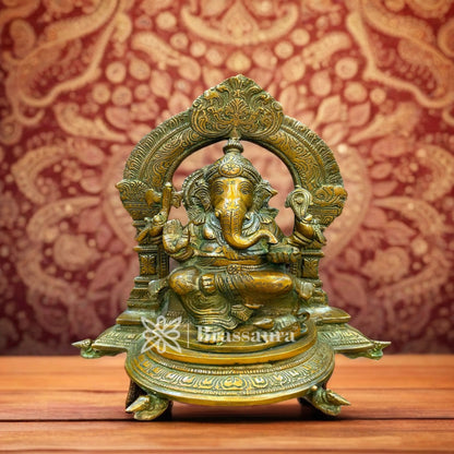 Brassaura™ Brass Ring Ganesha Idol for Home and Decor | Weight 3.9 Kgs | Height 11 Inches
