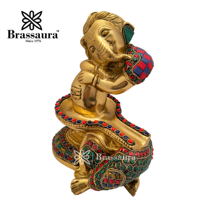 Brass Gem Stone Work Ganesha and Shivling Idol for Home and Decor Weight 4.7 Kg Height 20 cm