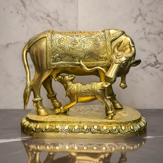Brassaura™ Brass Kamdhenu Cow & Calf Idol – Height 10 Inches & Weight 4.25 Kgs | Home Temple & Spiritual Décor