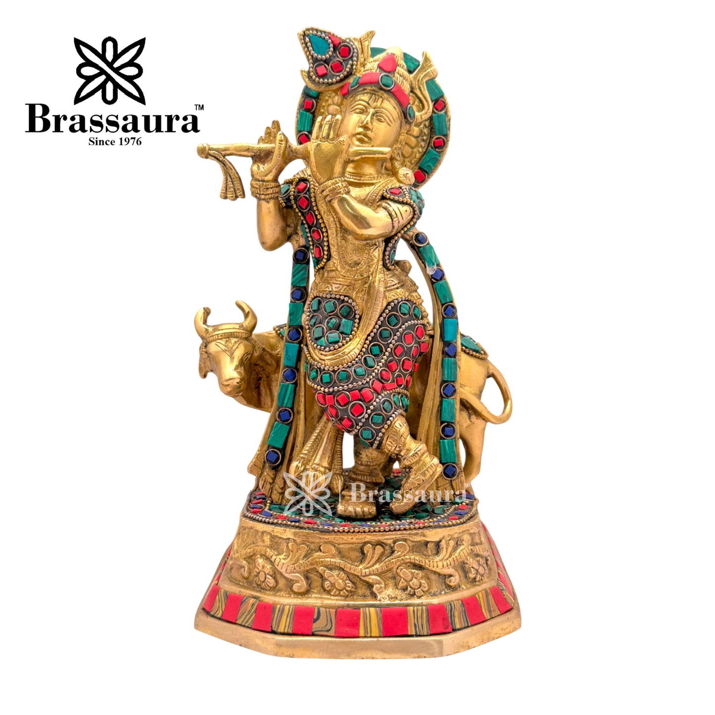 Brass Gem Stone Work Cow with Krishna Idol for Home and Decor Weight 3 Kg Height 25 cm