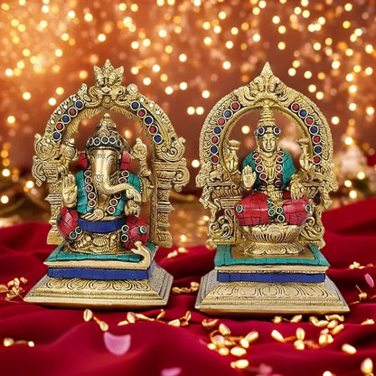 Brassaura™ Brass Gem Stone Work Laxmi Ganesha Idol – Height 4 Inches & Weight 3 Kgs | Hindu God Statue