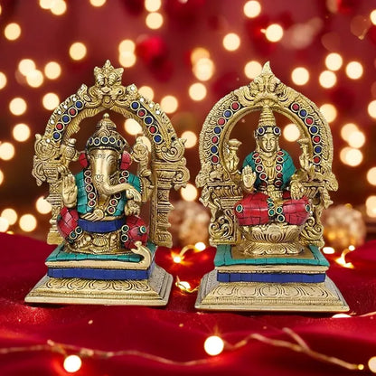 Brassaura™ Brass Gem Stone Work Laxmi Ganesha Idol – Height 4 Inches & Weight 3 Kgs | Hindu God Statue