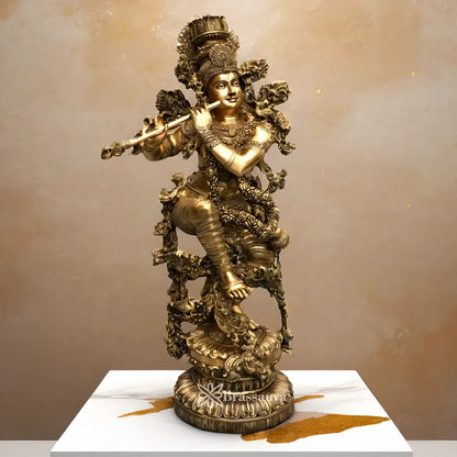 Brassaura® Lord Krishna Playing Flute Seated Idol with Golden Brass Finish | Pure Superfine Brass Handcrafted Murti | Brass Statue for Home Temple, Pooja Room | Height 43 Inches | Weight 78 Kgs
