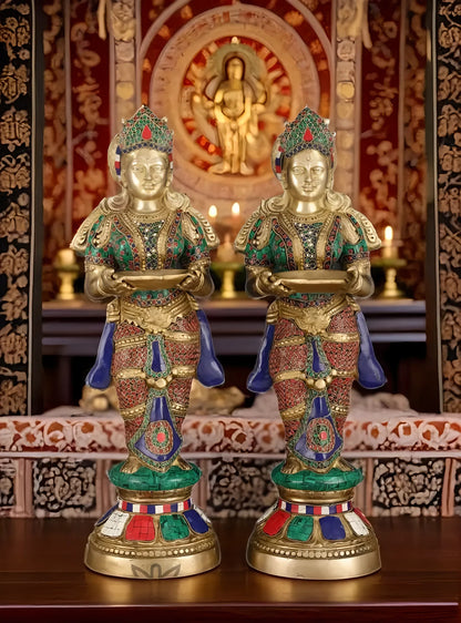 Brassaura™ Brass Deep Lakshmi Pavaai Villaku with Stonework – Height 23 Inches | Available as Single (8.5 Kgs) or Pair (17 Kgs)