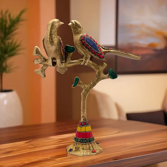 Brassaura™ Brass Gem Stone Work Tree With Birds – Height 11 Inches & Weight 1 Kgs | Exquisite Decorative Artwork for Home & Office Décor