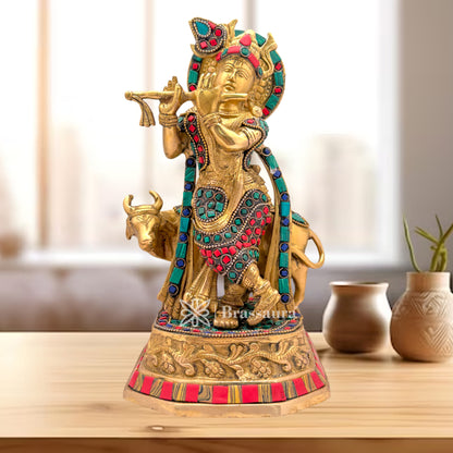 Brass Gem Stone Work Cow with Krishna Idol for Home and Decor Weight 3 Kg Height 25 cm