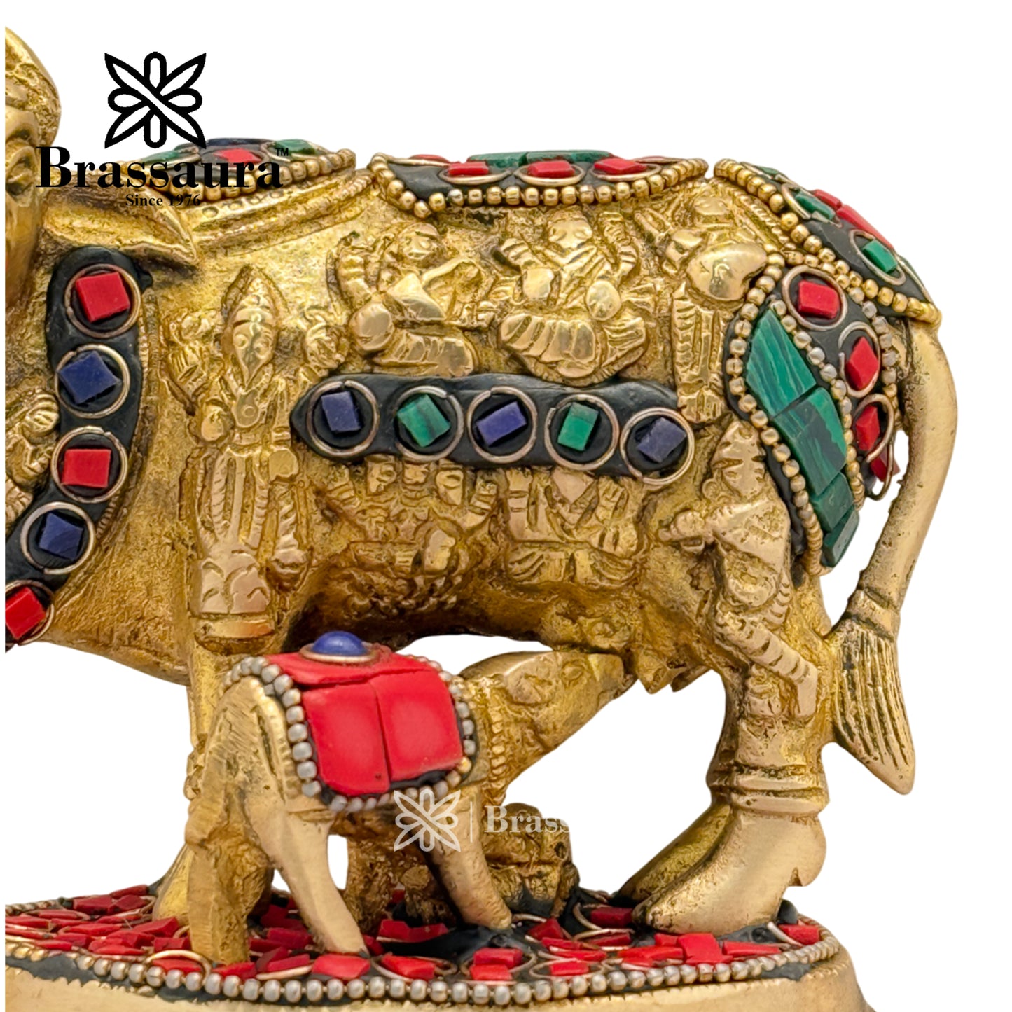 Brass Gem Stone Work kaamdhenu Cow Idol for Home and Decor Weight 1 Kg Height 10 cm