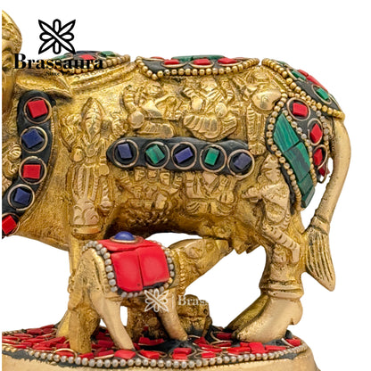 Brass Gem Stone Work kaamdhenu Cow Idol for Home and Decor Weight 1 Kg Height 10 cm