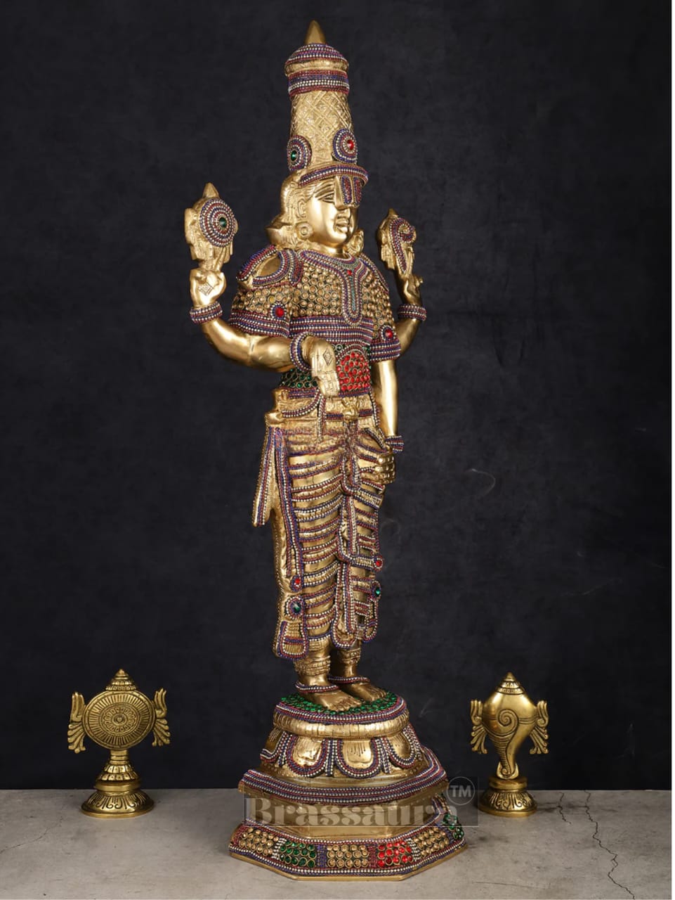 Brassaura™ Grand Brass Lord Venkateshwara Idol with Diamond Stud Work – 33.5 Inches, 20 Kgs