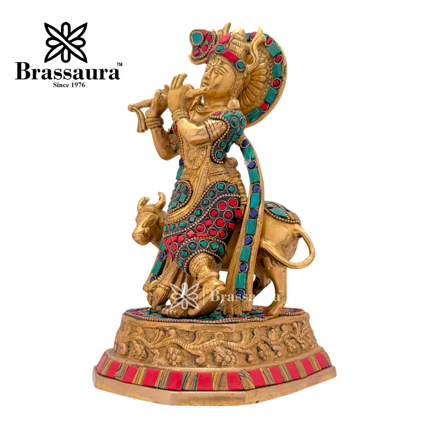 Brass Gem Stone Work Cow with Krishna Idol for Home and Decor Weight 3 Kg Height 25 cm