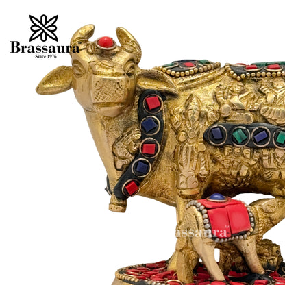 Brass Gem Stone Work kaamdhenu Cow Idol for Home and Decor Weight 1 Kg Height 10 cm