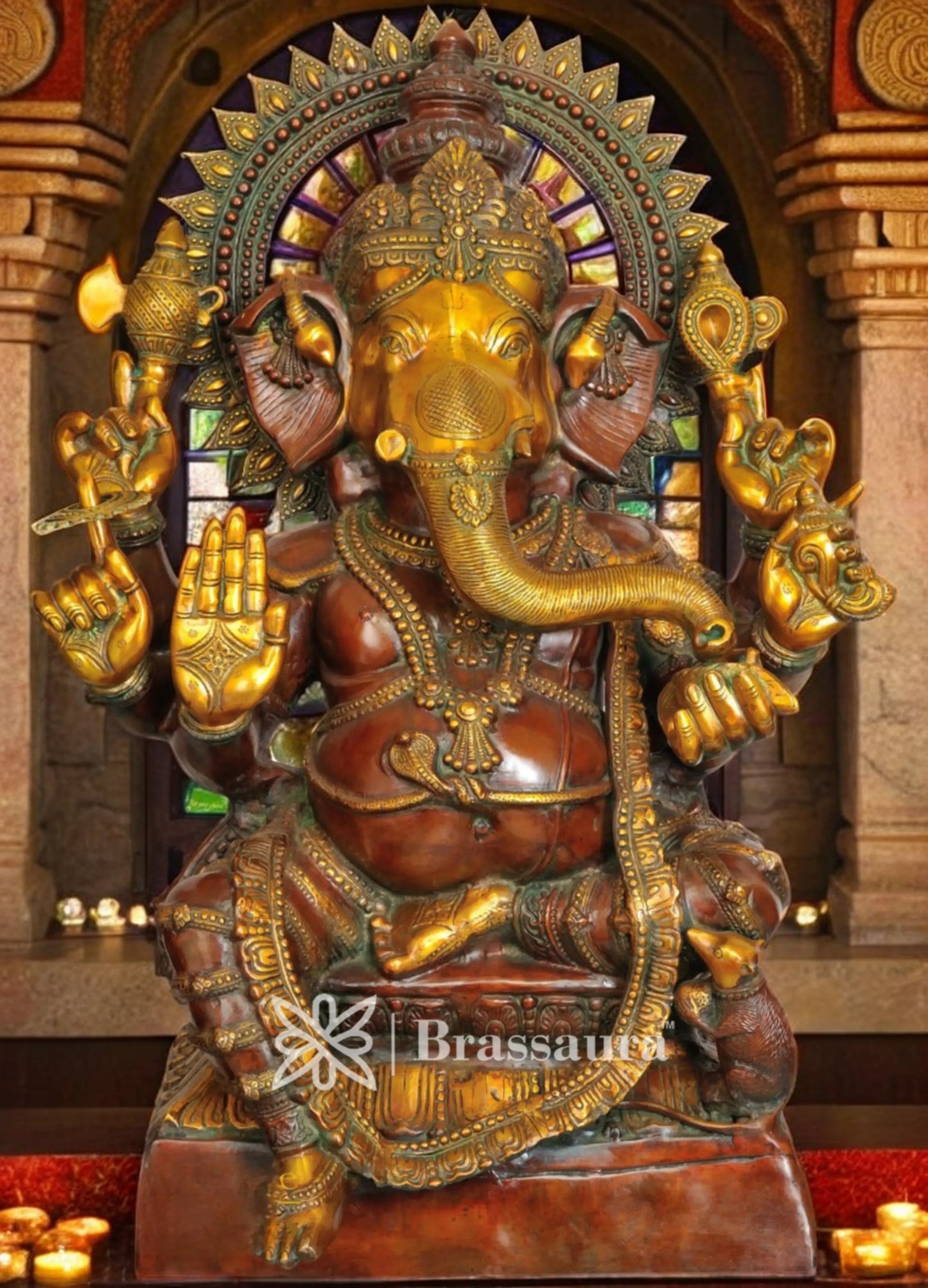 Brassaura™ Brass Ganesha Statue for Home Decor | Weight 63 Kgs | Height 37 Inches