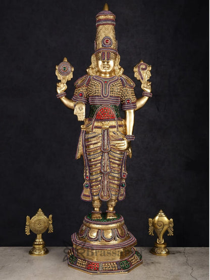 Brassaura™ Grand Brass Lord Venkateshwara Idol with Diamond Stud Work – 33.5 Inches, 20 Kgs