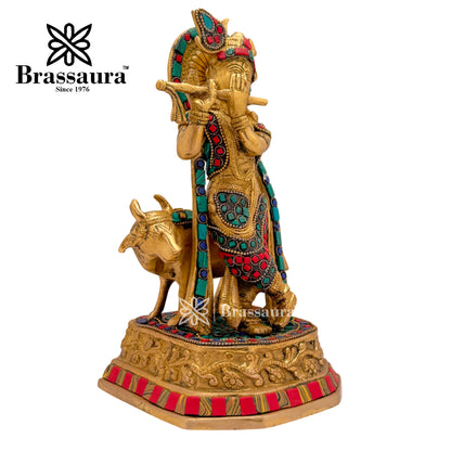 Brass Gem Stone Work Cow with Krishna Idol for Home and Decor Weight 3 Kg Height 25 cm