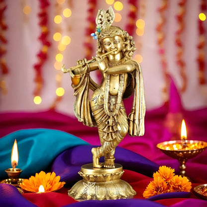 Brassaura® Handcrafted Brass Lord Krishna Idol Playing Flute | Pure Brass Krishna Murti for Home Temple, Living Room & Spiritual Décor | Height 27 Inches | Weight 20 Kgs