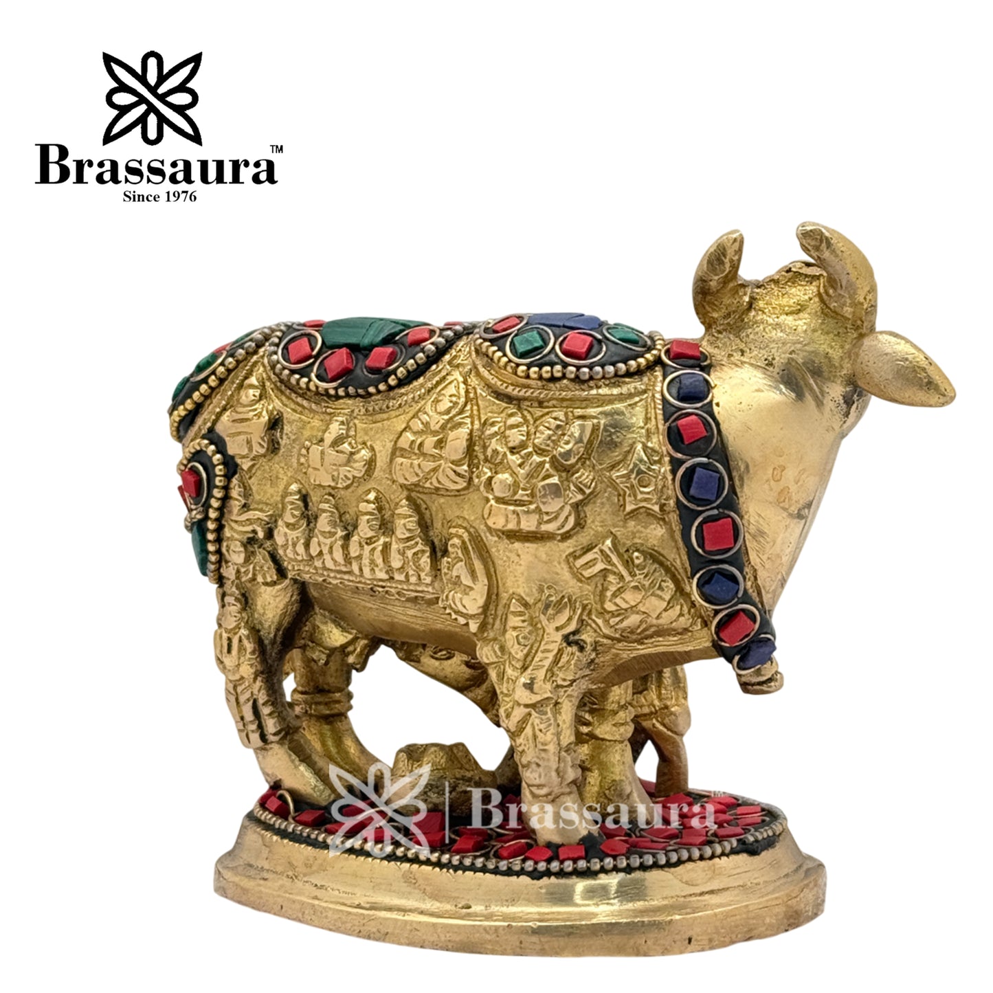 Brass Gem Stone Work kaamdhenu Cow Idol for Home and Decor Weight 1 Kg Height 10 cm