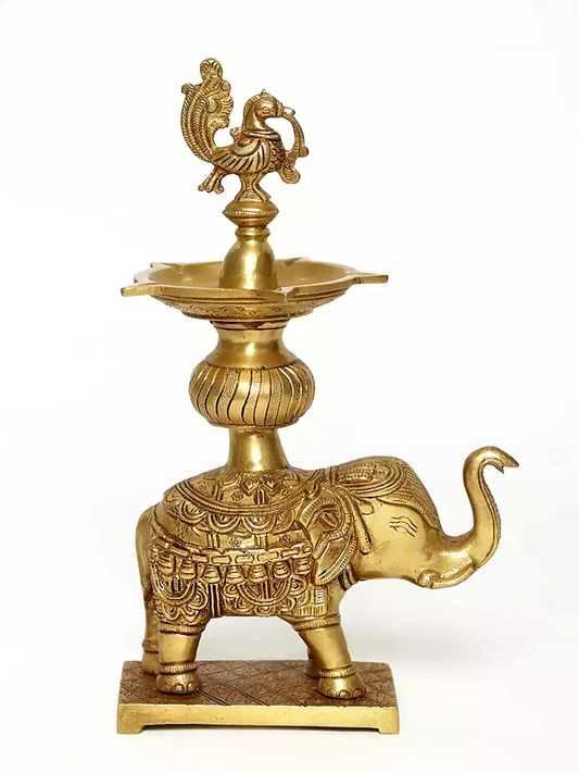 Brassaura™ Peacock Oil Lamp on Elephant Stand Brass Statue – Height 11.81 inches | Weight 2.62 kgs