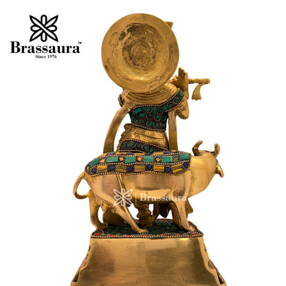 Brass Gem Stone Work Cow with Krishna Idol for Home and Decor Weight 3 Kg Height 25 cm