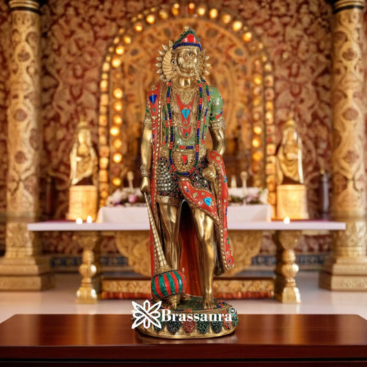 Brassaura™ Gemstone Crafted Brass Hanuman Murti – Height 24 Inches & Weight 13.5 Kgs | Temple Collection