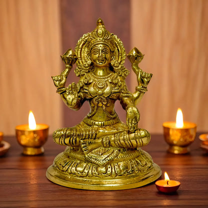 Brassaura™ Classic Brass Laxmi Statue – Height 9.6 Inches & Weight 3.44 Kgs | Puja Room Idol
