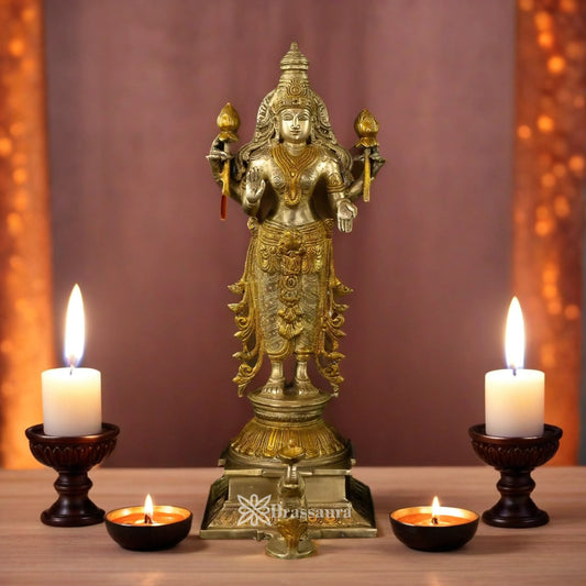Brassaura™ Classic Brass Laxmi Statue – Height 14.5 Inches & Weight 4.4 Kgs | Puja Room Idol