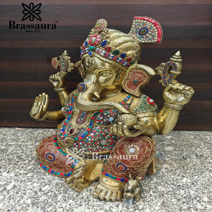 Brassaura™ Brass Gem Stone Work Ganesha Statue for Home and Decor | Weight 27 Kgs | Height 20 Inches