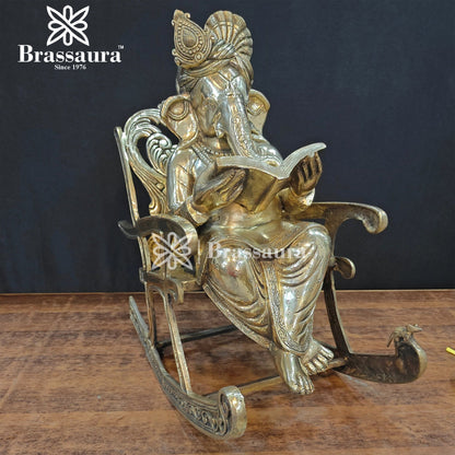 Brassaura™ Brass Chair Ganesha Statue for Home and Decor | Weight 27 Kgs | Height 13 Inches