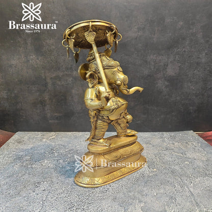 Brassaura™ Brass Umbrella Ganesha Statue for Home and Decor | Weight 5 Kgs | Height 15 Inches