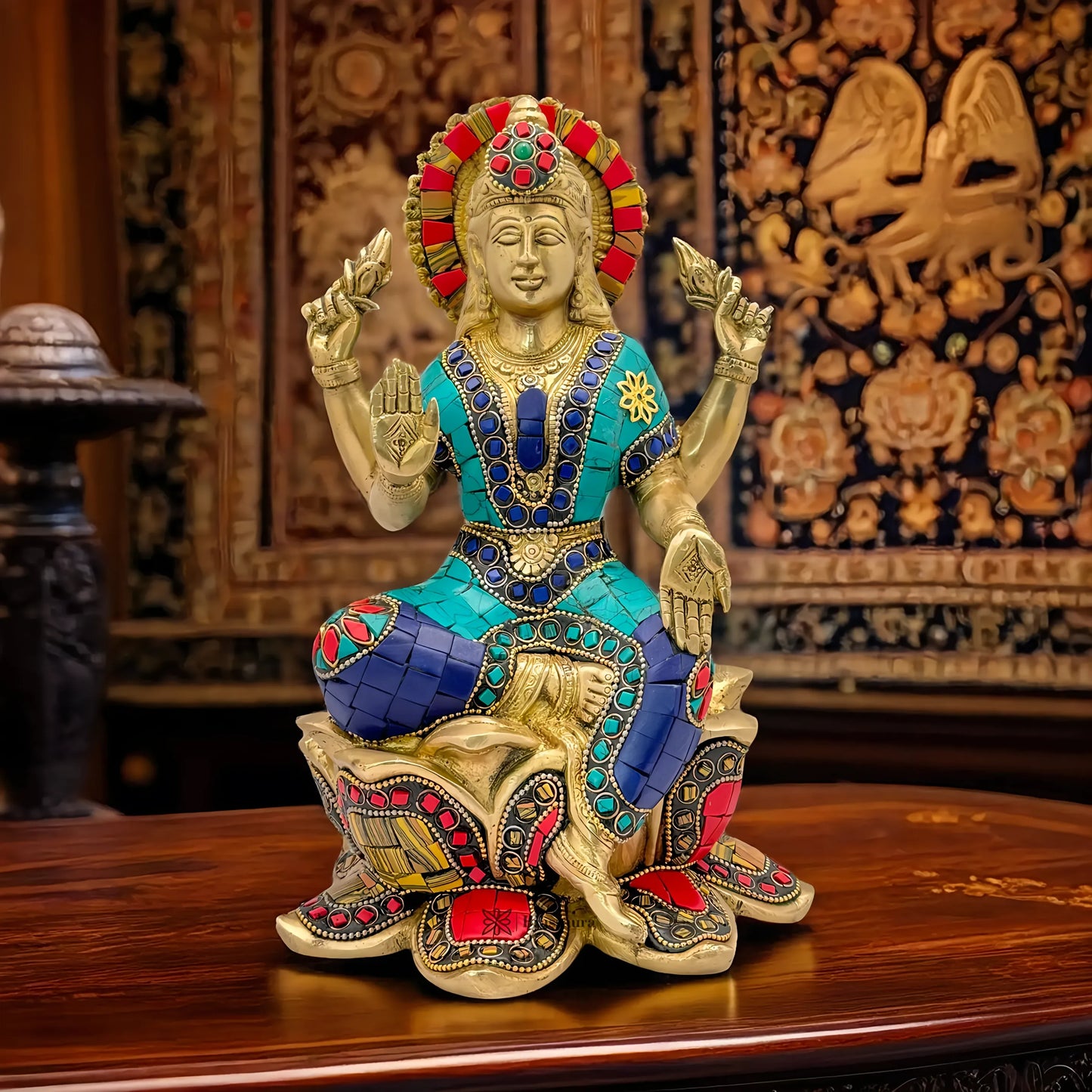 Brassaura™ Devotional Brass Gem Stone Work Laxmi Idol – Height 5.2 Inches & Weight 3.6 Kgs | Spiritual Home Idol