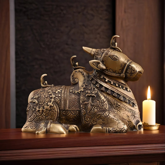 Brassaura™ Pure Brass Fully Carved Nandi – Height 8 Inches & Weight 5.5 Kgs | Matte Gold Finish Sculpture