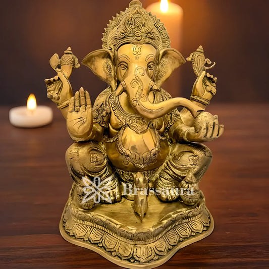 Brassaura™ Brass Ganesha Idol for Home and Decor | Weight 14 Kgs | Height 15.35 Inches