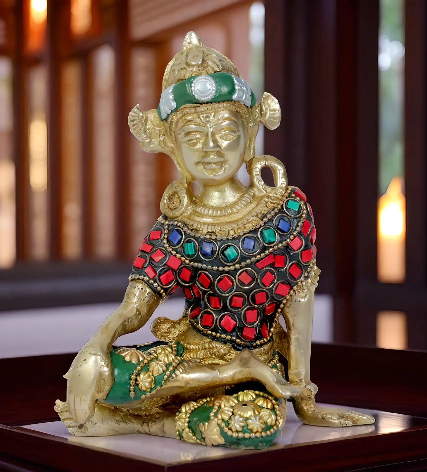 Brassaura™ Brass Gem Stone Work Indra Dev Idol – Height 6.8 Inches & Weight 0.88 Kgs | Traditional Temple Décor