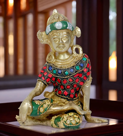 Brassaura™ Brass Gem Stone Work Indra Dev Idol – Height 6.8 Inches & Weight 0.88 Kgs | Traditional Temple Décor