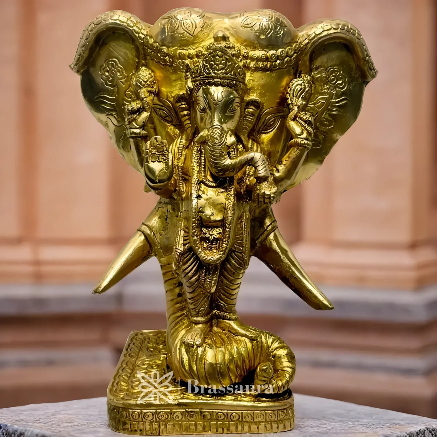 Brassaura™ Brass Ganesha with Warrior Elephant Idol – Height 11.4 inches & Weight 7.9 kgs | Ganpati Murti for Pooja & Home Décor