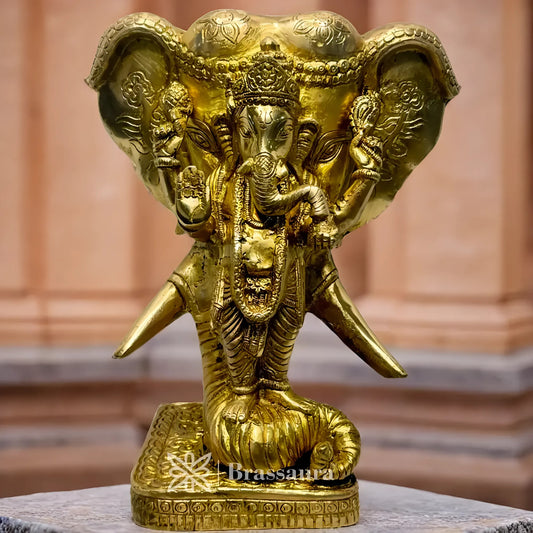 Brassaura™ Brass Ganesha with Warrior Elephant Idol – Height 11.4 inches & Weight 7.9 kgs | Ganpati Murti for Pooja & Home Décor