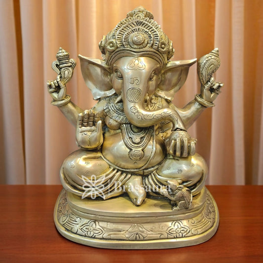 Brassaura™ Brass Ganesha Statue for Home and Decor | Weight 12 Kgs | Height 16 Inches