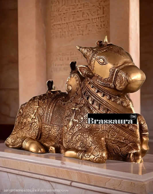 Brassaura™ Pure Brass Nandi Fully Carved Statue with Three Shivling – Height 8 Inches, Weight 5.5 Kgs | Matte Gold Finish Large Nandi