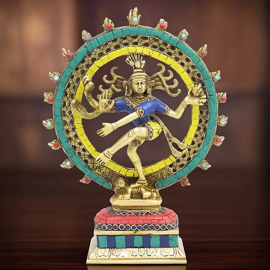 Brassaura™ Gemstone Work Dancing Nataraj Idol | Brass with Golden Finish | Height 13 Inches & Weight 2.9 kgs