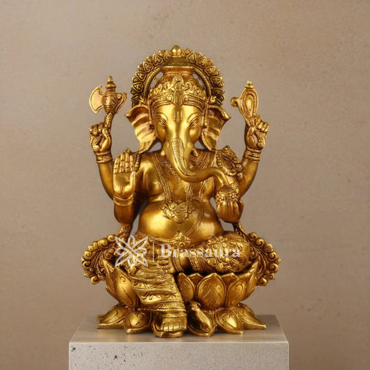 Brassaura™ Brass Jewellery Ganesha Idol for Home and Decor | Weight 7.5 Kgs | Height 13 Inches