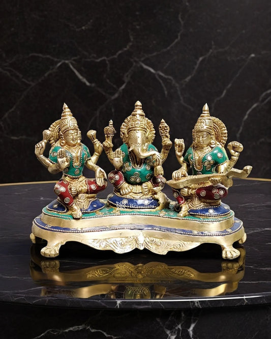 Brass Gem Stone Work Laxmi Ganesha Saraswati Murti for Home and Decor Height 6.5 Inches & Weight 3 Kgs