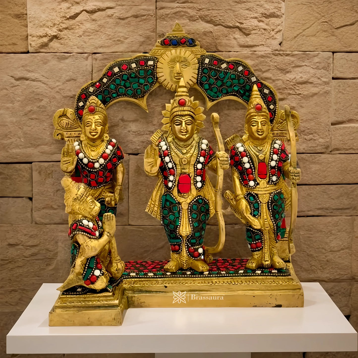 Brassaura™ Brass Gem Stone Work Ram Darbar Idol – Height 9 Inches & Weight 4.1 Kgs | Handcrafted Devotional Ensemble for Temple Décor