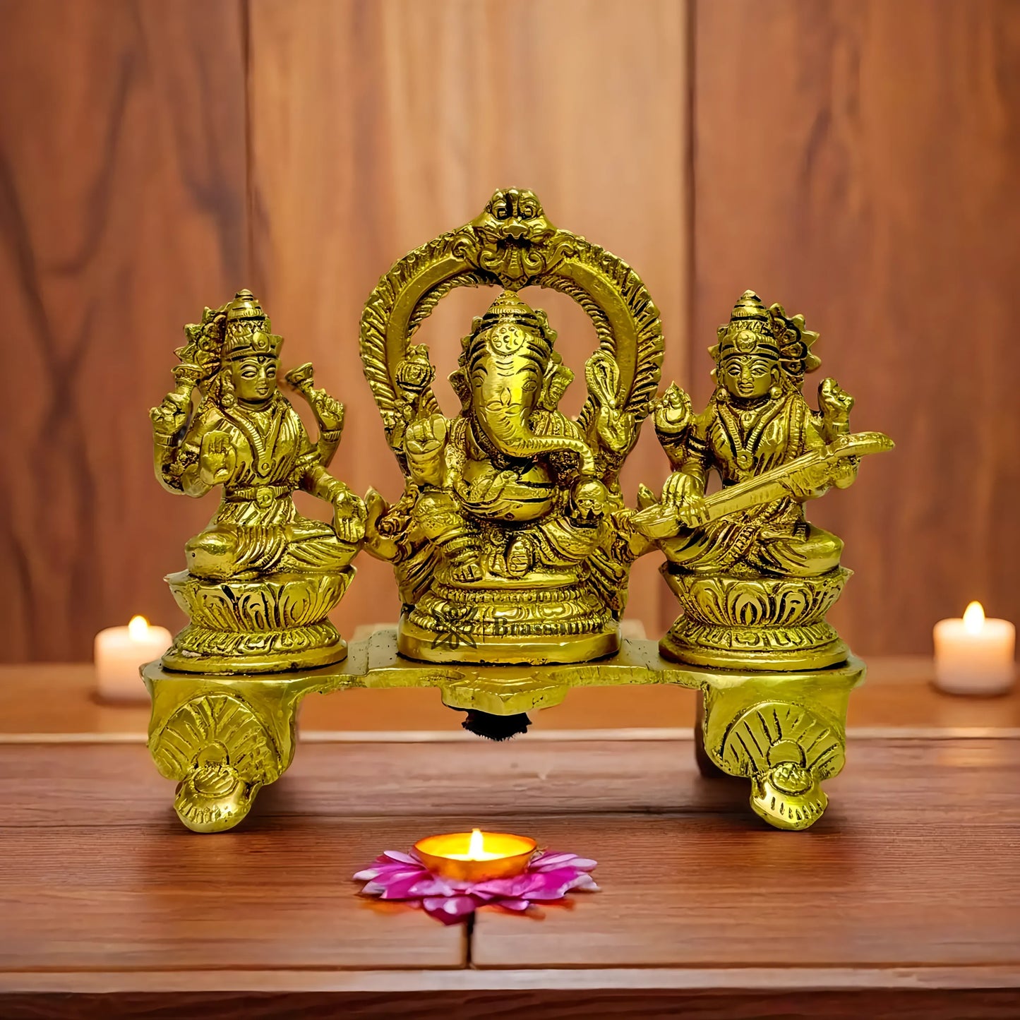 Brassaura™ Artistic Bras Laxmi Ganesha Saraswati Statue – Height 7.6 Inches & Weight 1.35 Kgs | Puja Room Idol