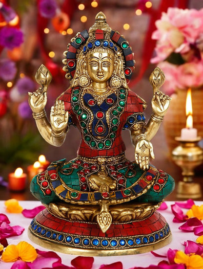Brassaura™ Brass Gem Stone Work Goddess Laxmi Murti – Height 9.6 Inches & Weight 3.44 Kgs | Home & Temple Idol