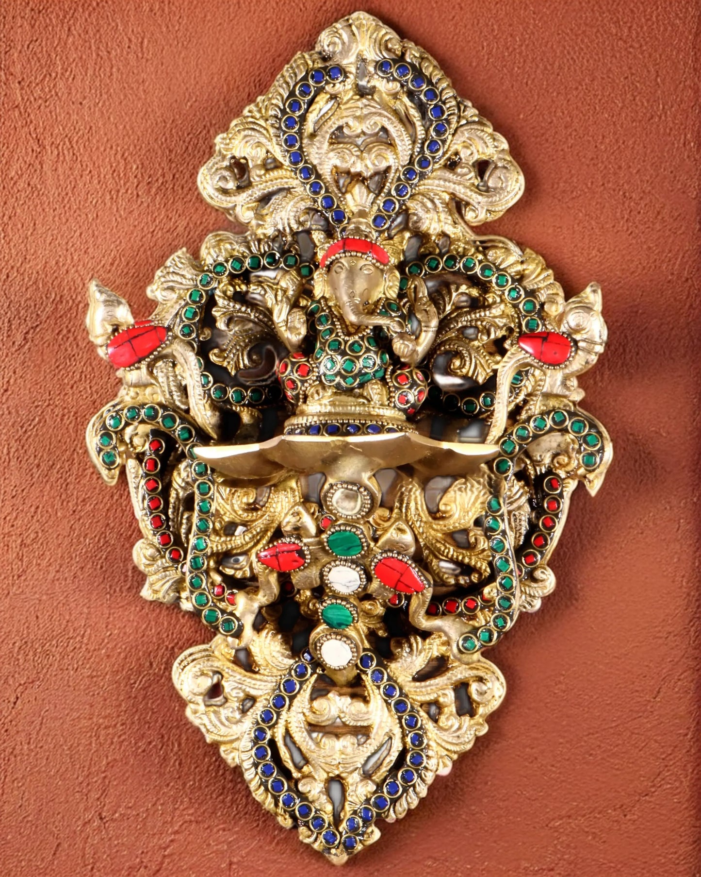 Brassaura™ Pure Brass Ganesha Wall Diya with Colorful Stonework | Handcrafted Festive Decor | Weight 2 Kgs | Height 13 Inches