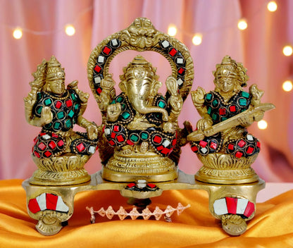 Brassaura™ Artistic Brass Gemstone Laxmi Ganesha Saraswati Statue – Height 7.6 Inches & Weight 1.3 Kgs | Puja Room Idol