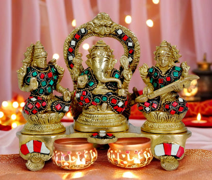 Brassaura™ Artistic Brass Gemstone Laxmi Ganesha Saraswati Statue – Height 7.6 Inches & Weight 1.3 Kgs | Puja Room Idol