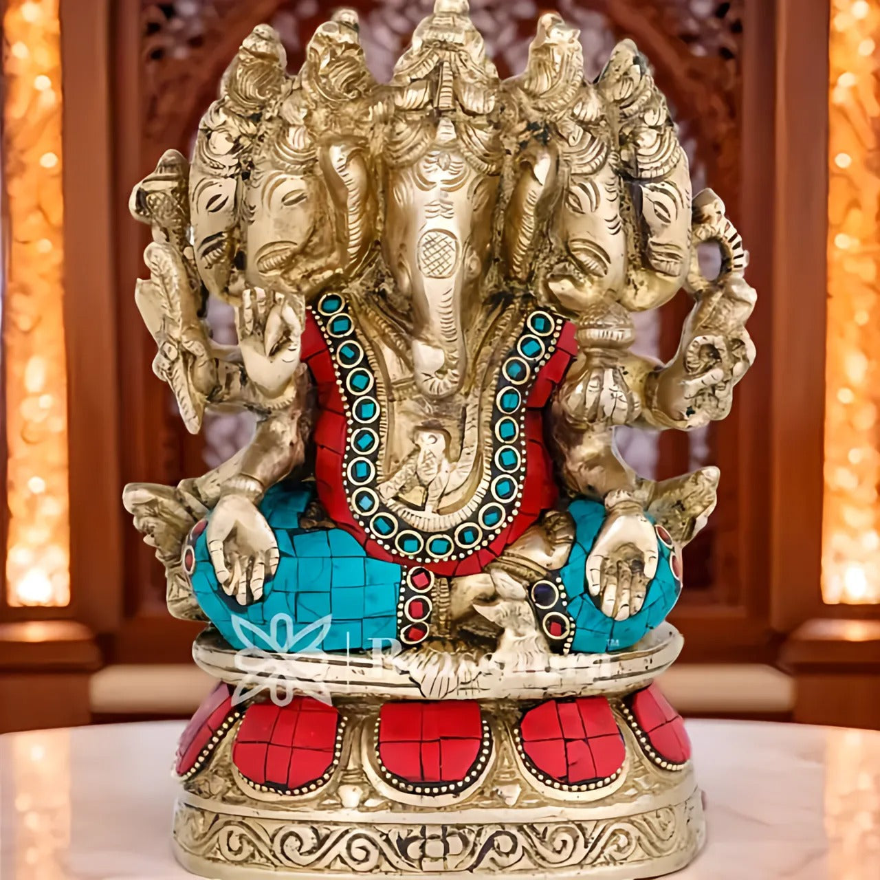 Brassaura™ Brass Gem Stone Work Panchmukhi Ganesha Statue for Home Décor & Gift | Weight 3.3 Kgs | Height 7 Inches